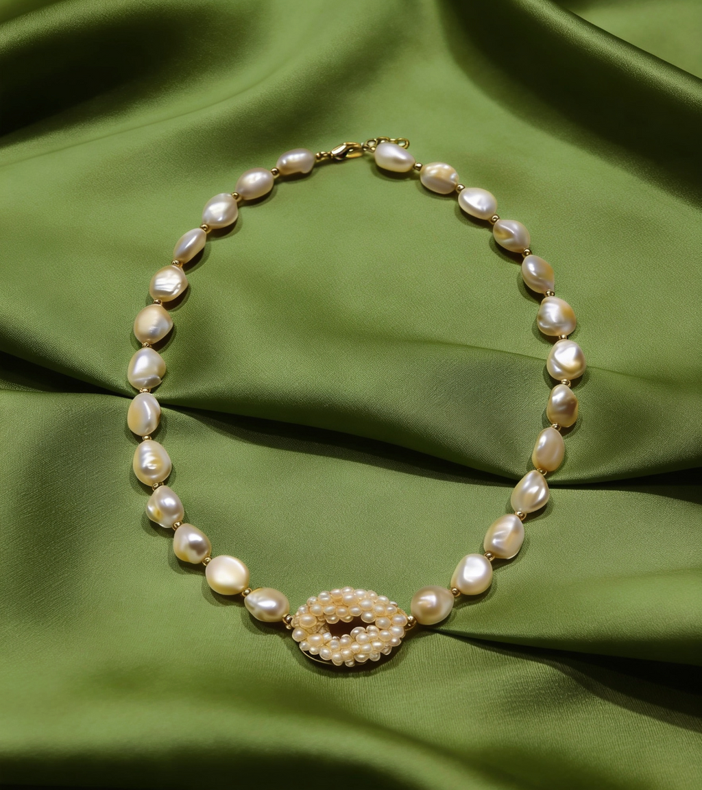 Baroque Pearl Necklace — Seed Pearl Cluster Centrepiece