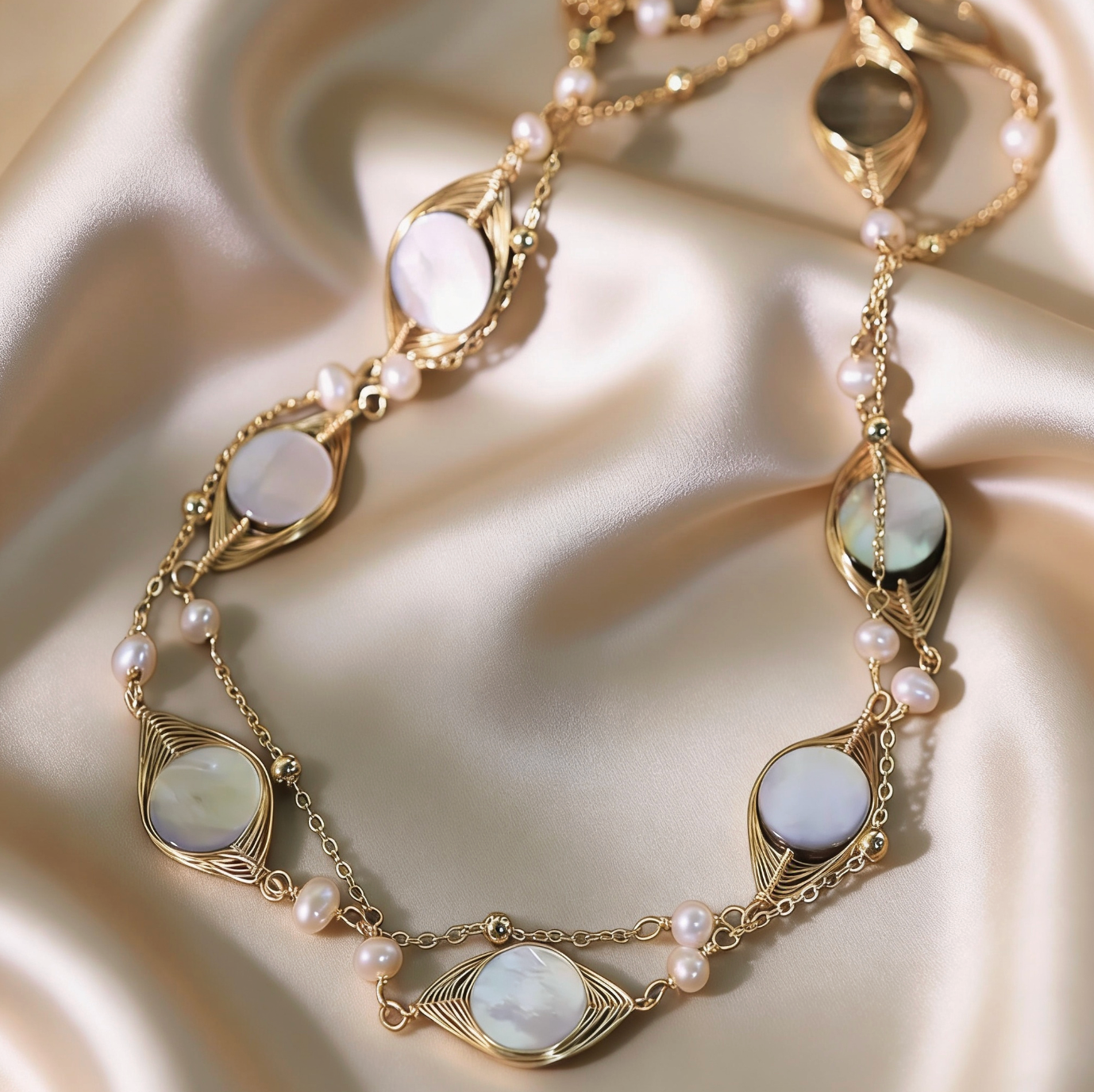 Natural Pearl Shell Gold Lariat Sweater Chain Necklace