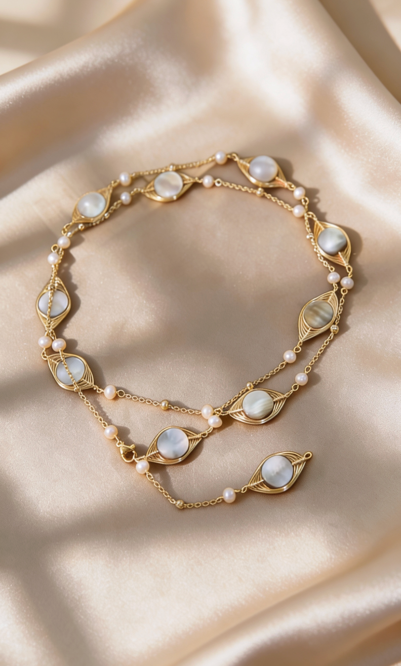 Natural Pearl Shell Gold Lariat Sweater Chain Necklace