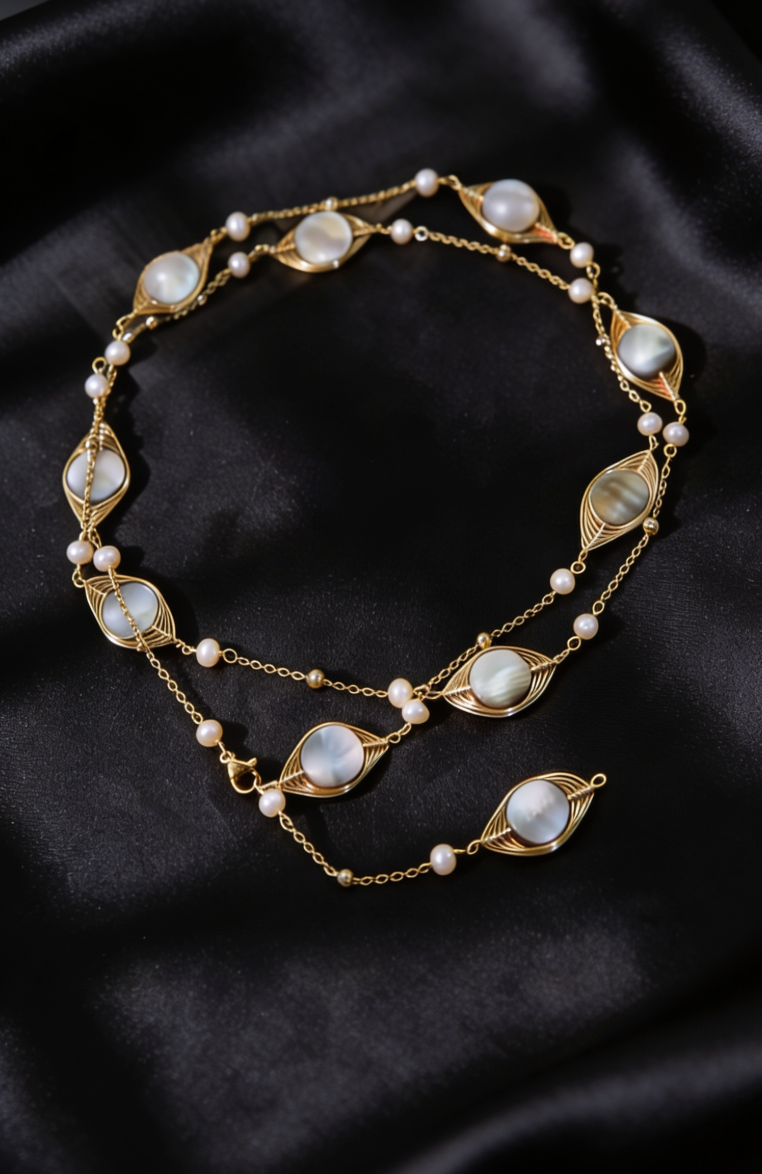 Natural Pearl Shell Gold Lariat Sweater Chain Necklace