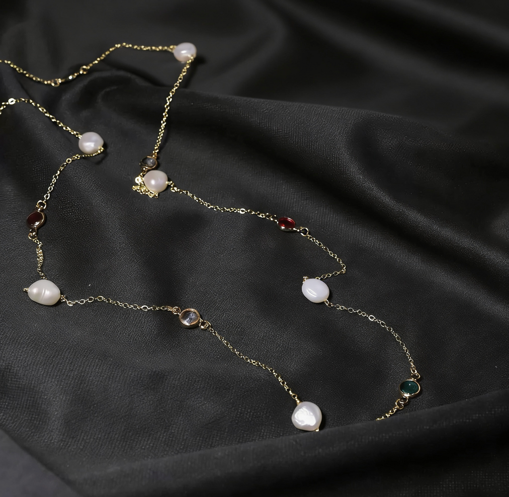 Freshwater Pearl Multi-Stone Gold Chain Necklace