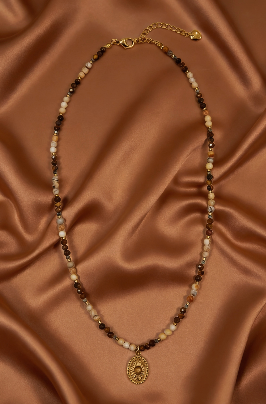 Earthy Stone & Gold Sunburst Pendant Beaded Necklace