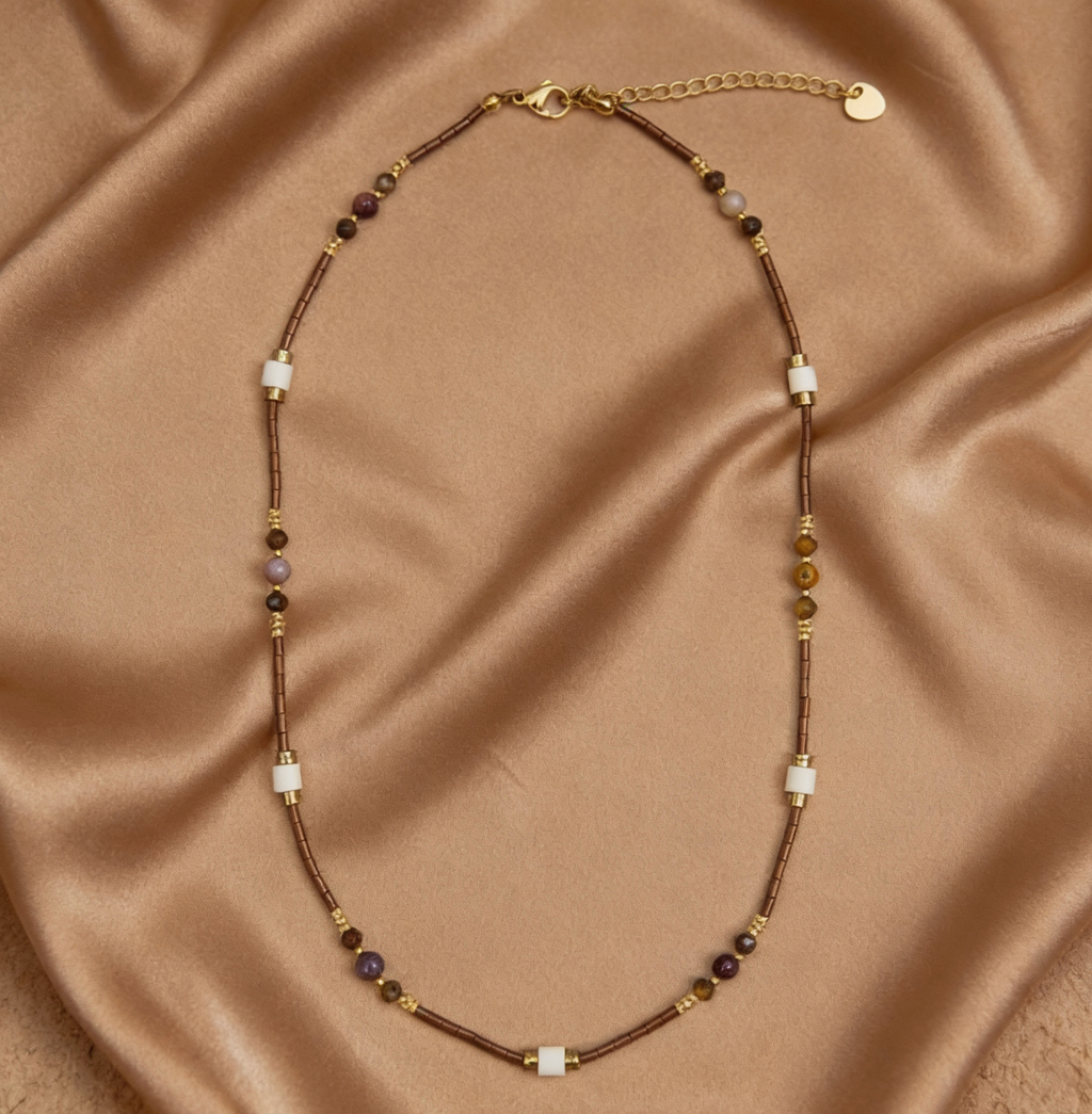 Earth Tone Stone & Shell Tube Beaded Necklace