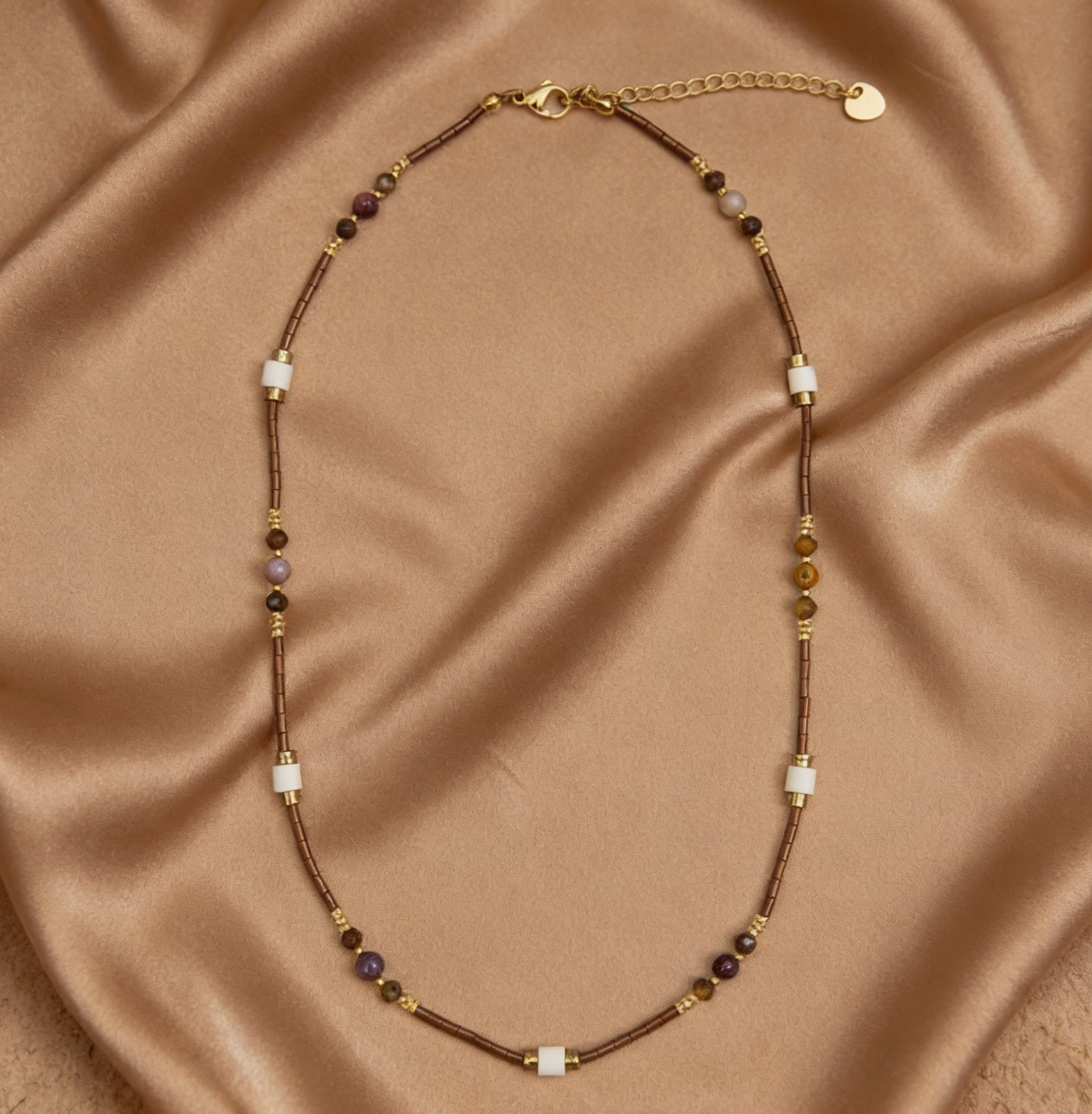 Earth Tone Stone & Shell Tube Beaded Necklace