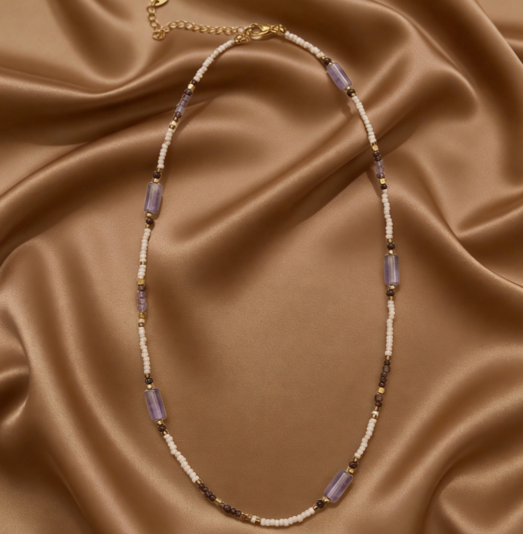 Lavender Amethyst & Cream Heishi Beaded Necklace