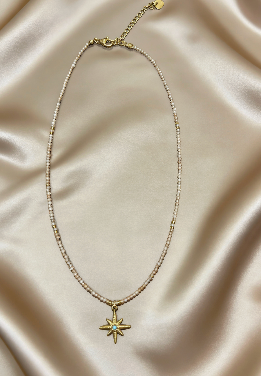 White Stone Bead & Gold North Star Opal Pendant Necklace