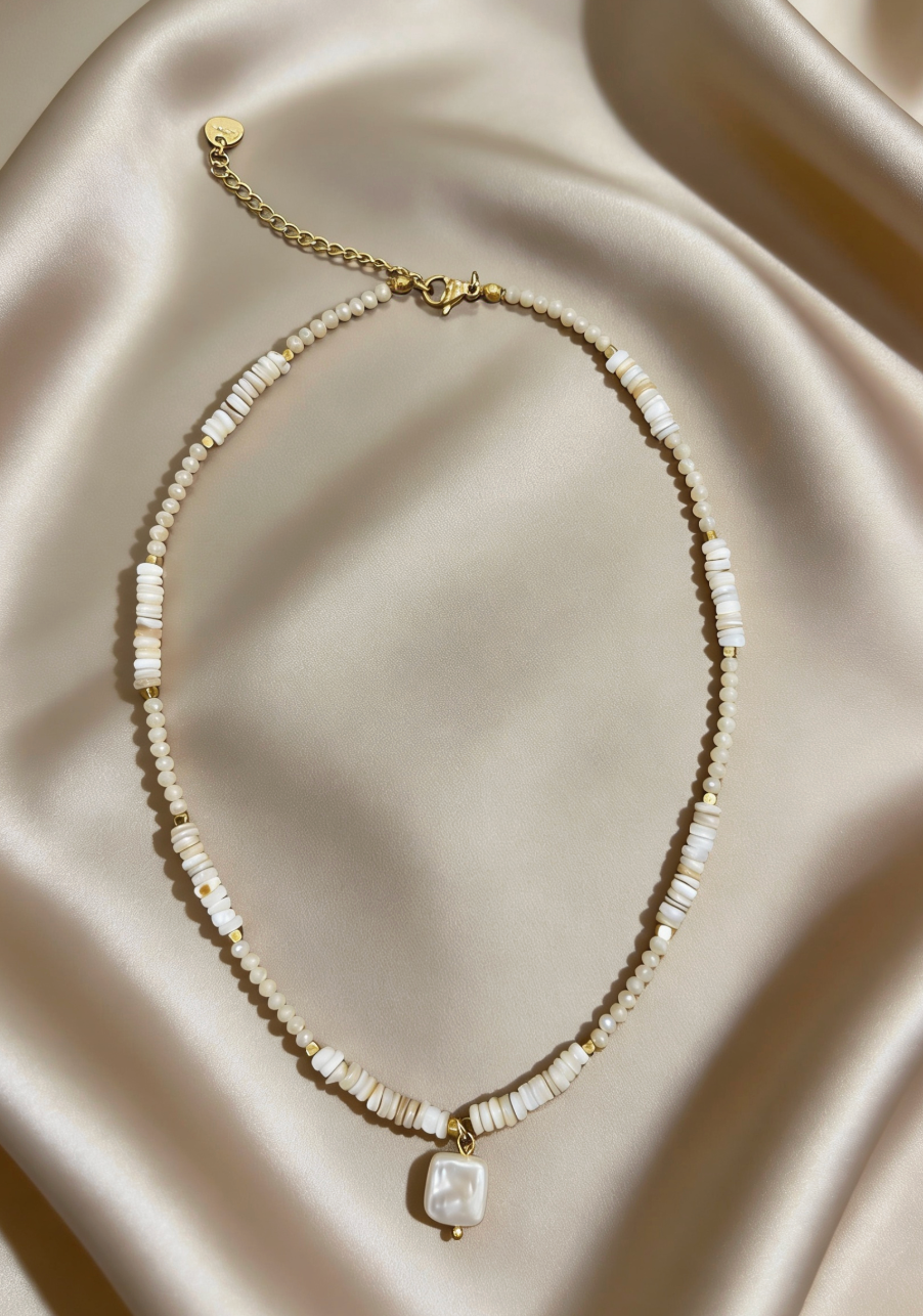 Square Freshwater Pearl & Crystal Heishi Beaded Necklace