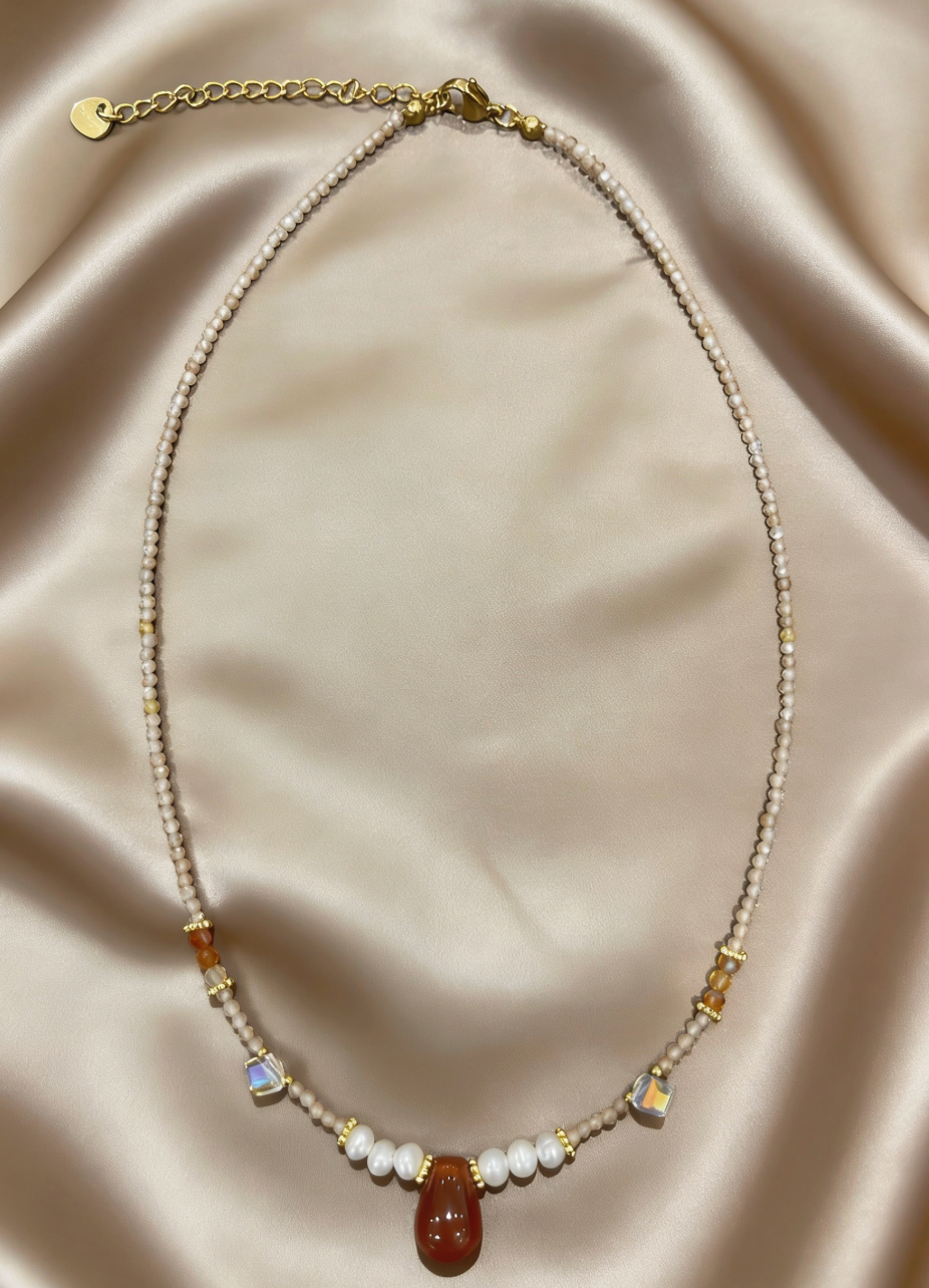Carnelian Teardrop & Pearl Beaded Necklace