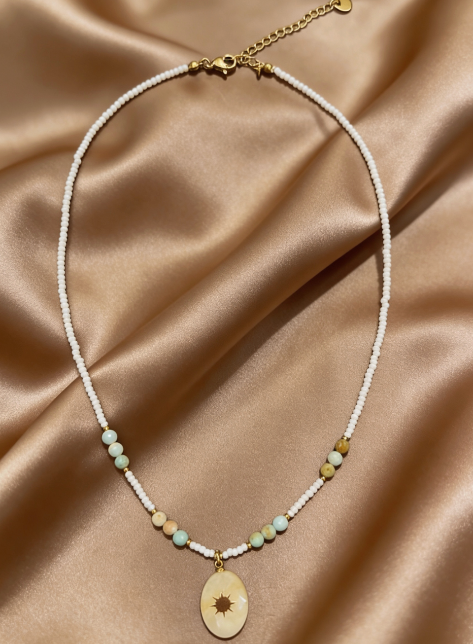 White Seed Bead & Shell Sunburst Pendant Necklace