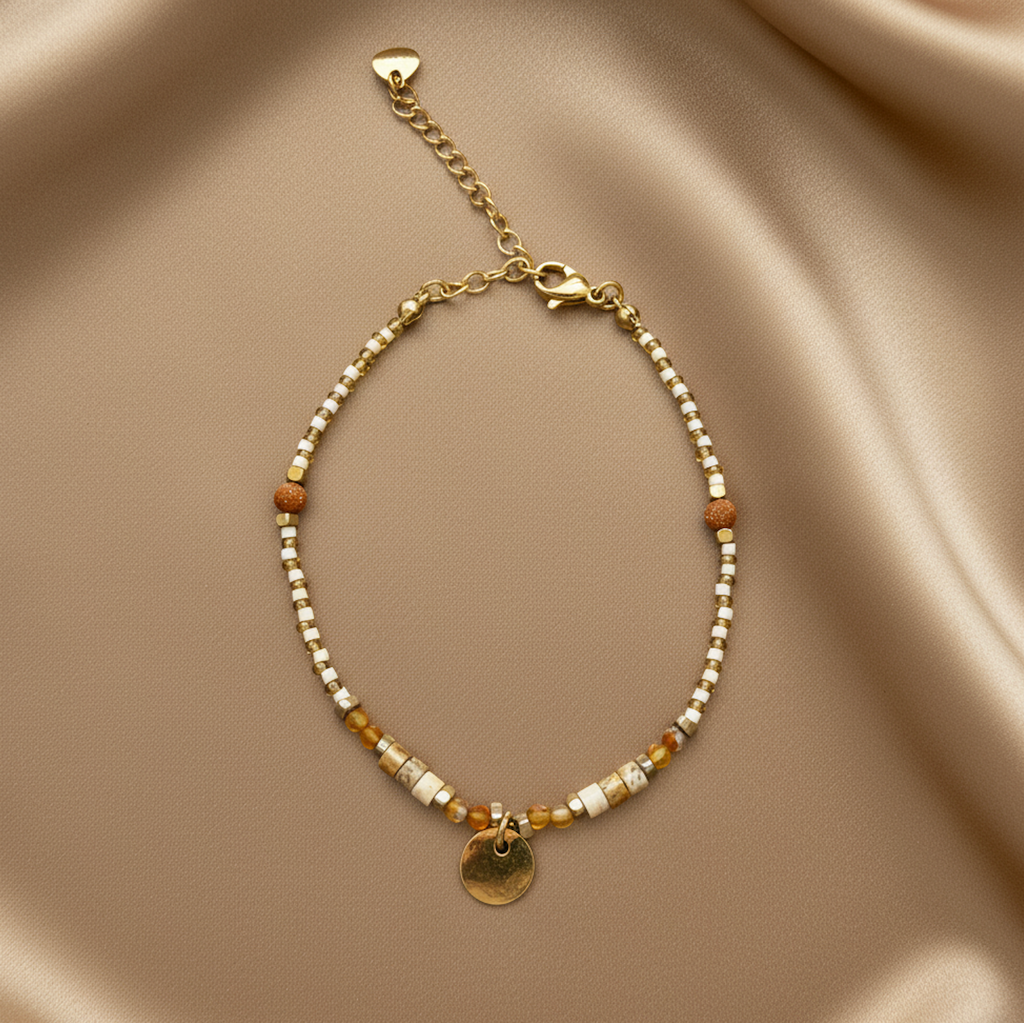 Amber Stone & Gold Disc Charm Beaded Bracelet / Anklet