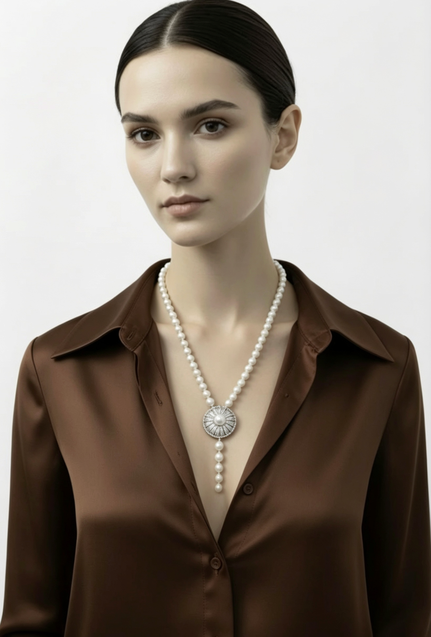 Natural Freshwater Pearl Lariat Necklace with Diamond Sunburst Pendant