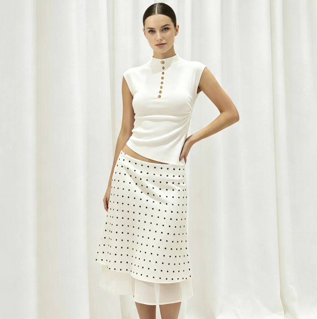 Polka Dot Satin Midi Skirt