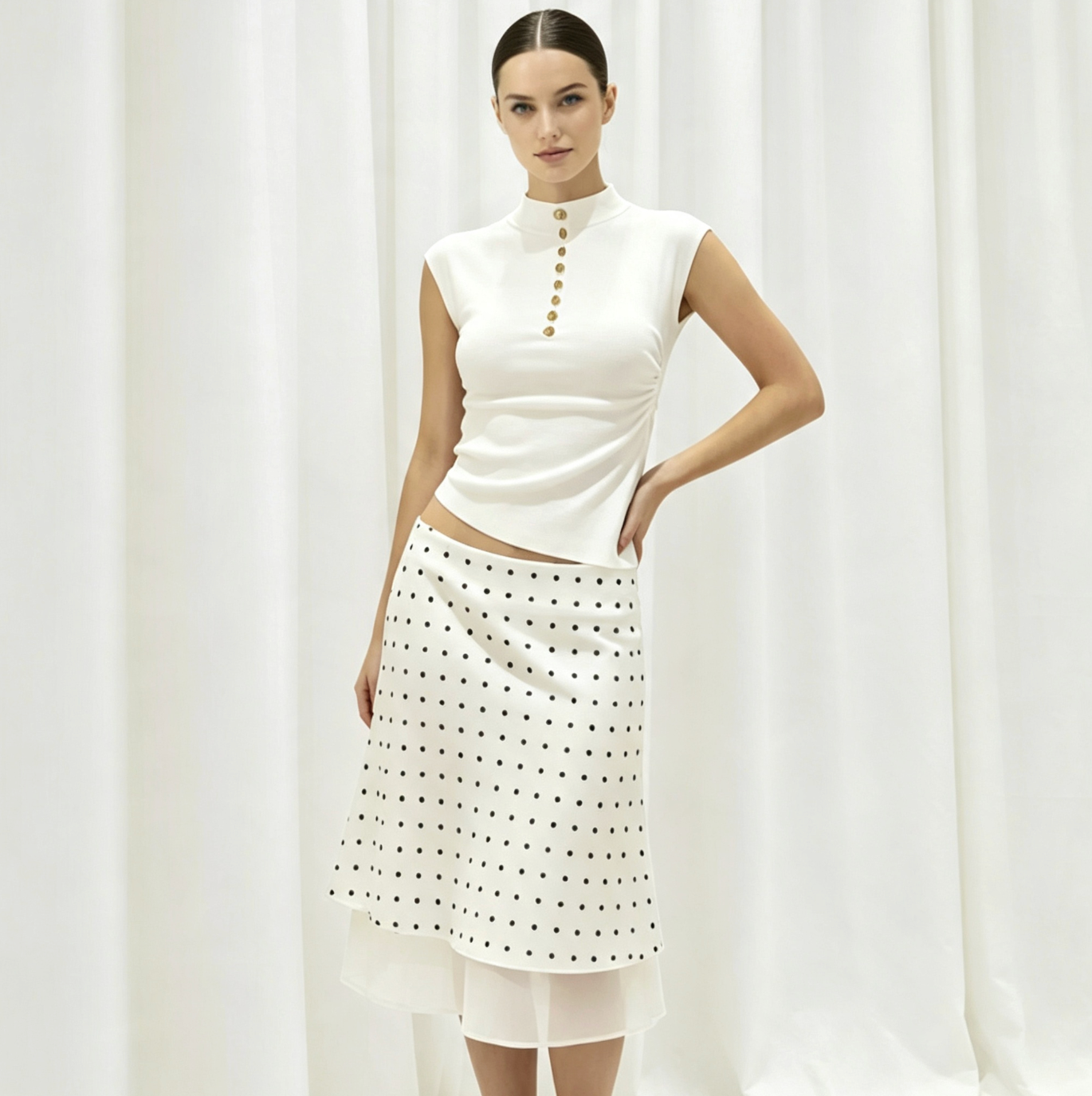Polka Dot Satin Midi Skirt