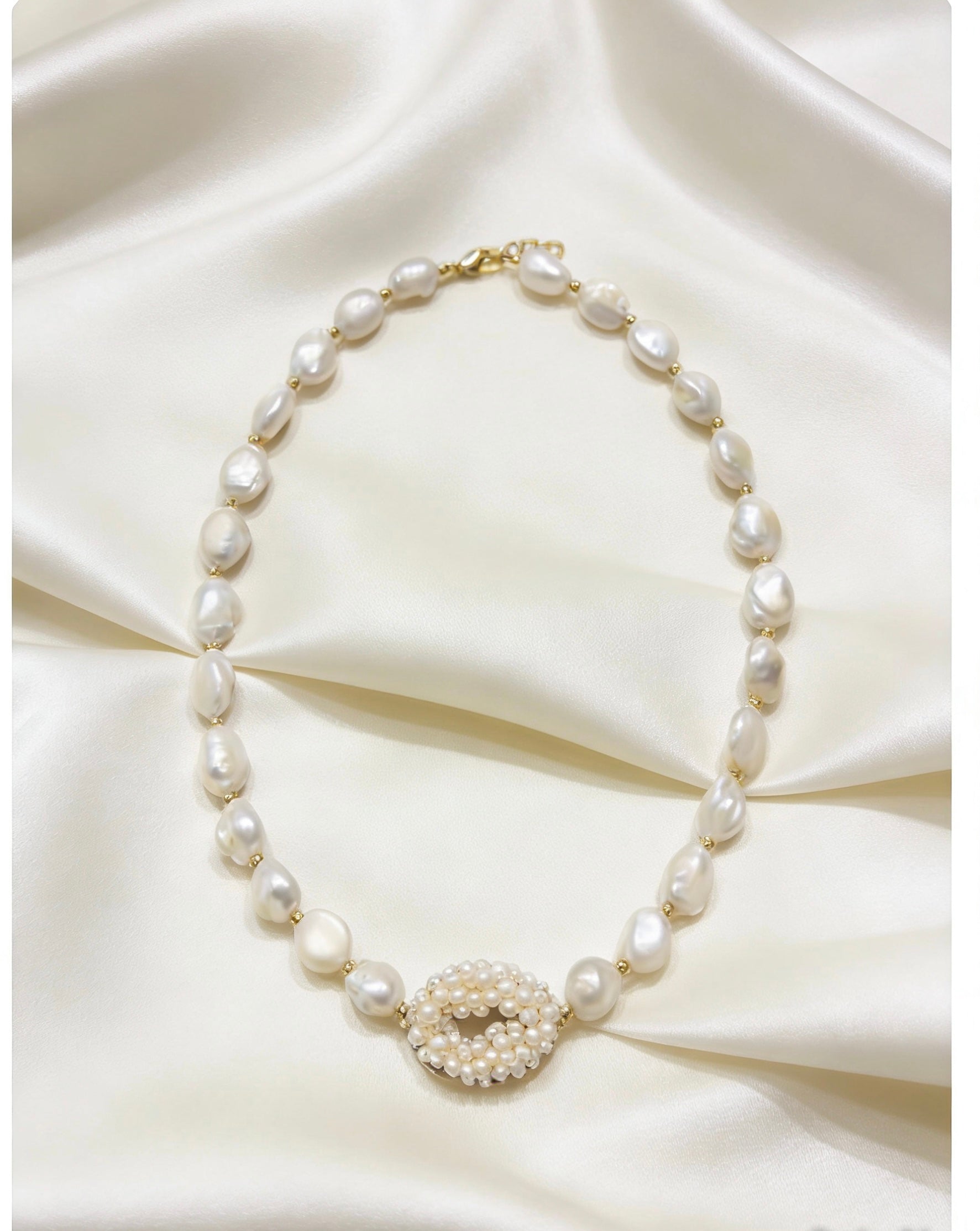 Baroque Pearl Necklace — Seed Pearl Cluster Centrepiece