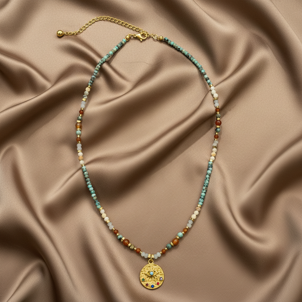African Turquoise & Gold Disc Pendant Necklace — Flat Lay