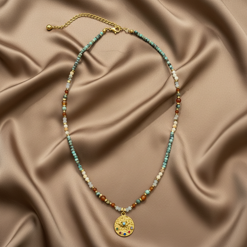 African Turquoise & Gold Disc Pendant Necklace — Flat Lay