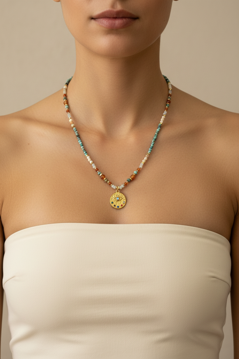 African Turquoise & Gold Disc Pendant Necklace — Model