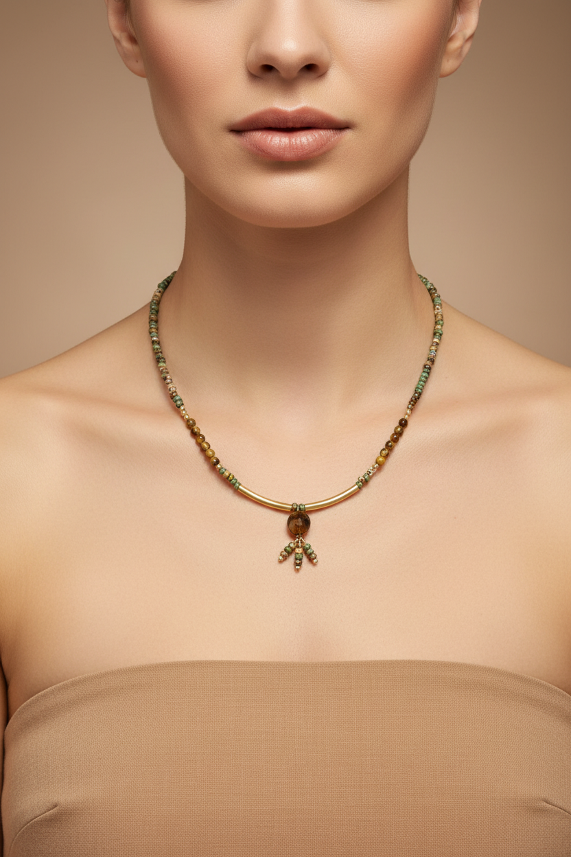 African Turquoise & Smoky Topaz Gold Bar Necklace — Model