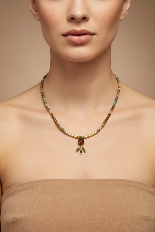 African Turquoise & Smoky Topaz Gold Bar Necklace — Model