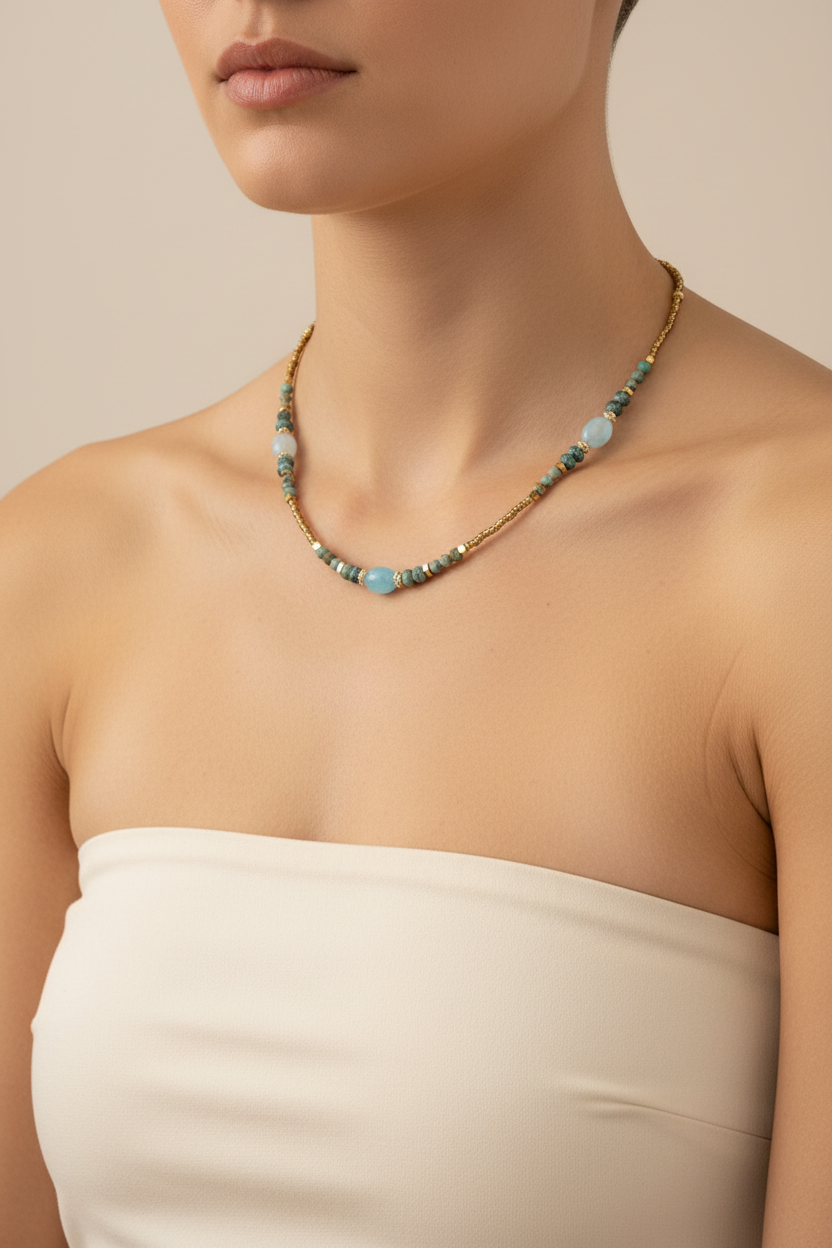 Aquamarine & African Turquoise Gold Necklace — Model