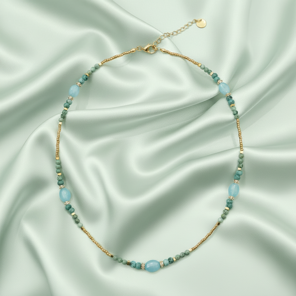 Aquamarine & African Turquoise Necklace — Light Sage Green Satin