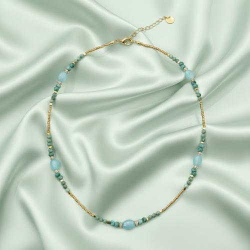 Aquamarine & African Turquoise Necklace — Light Sage Green Satin
