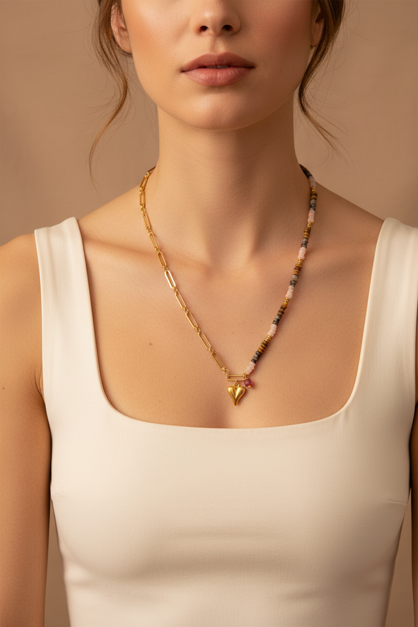 Asymmetric heart necklace on real model