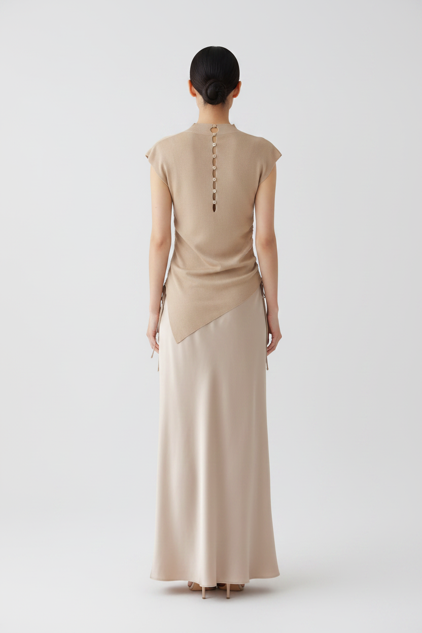 Back view – Beige Button-Back Knit Top with Satin Skirt