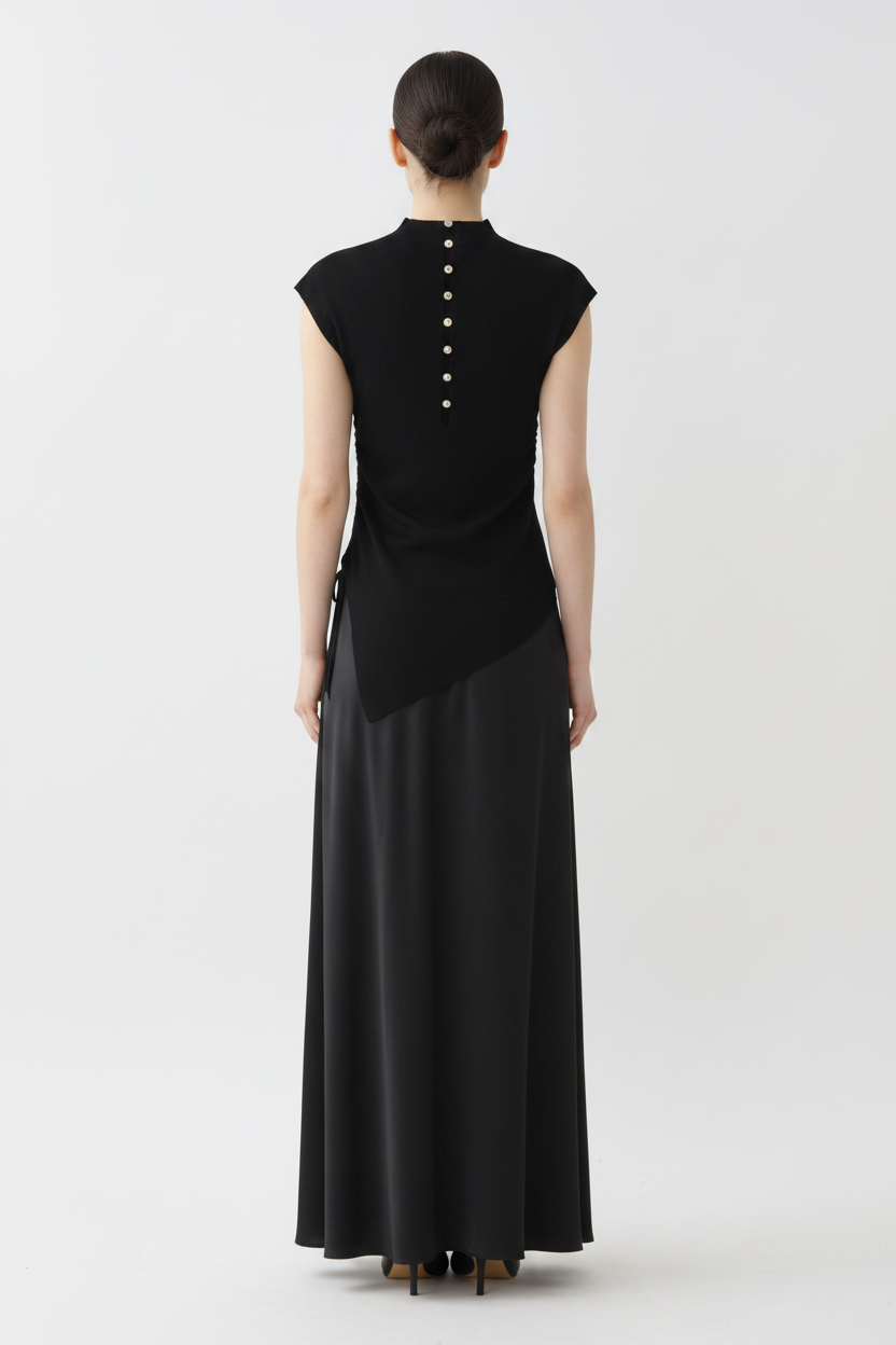 Back view – Black Button-Back Knit Top with Satin Skirt