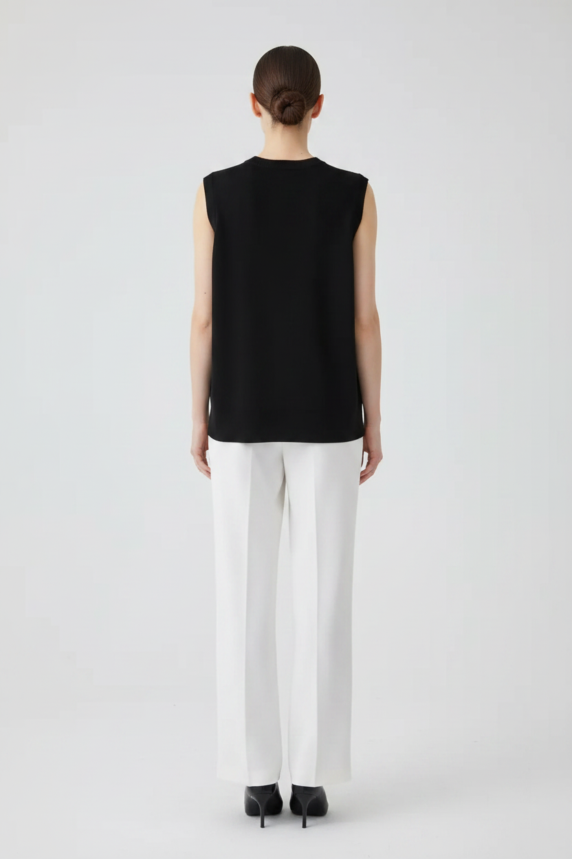Back view – Black Sleeveless Knit Top