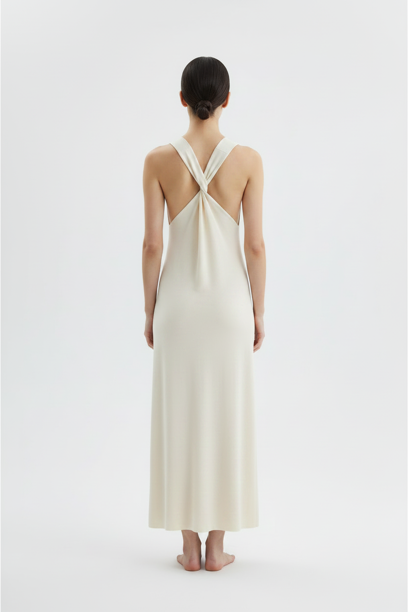 Back view – Cream Cross-Back Dress