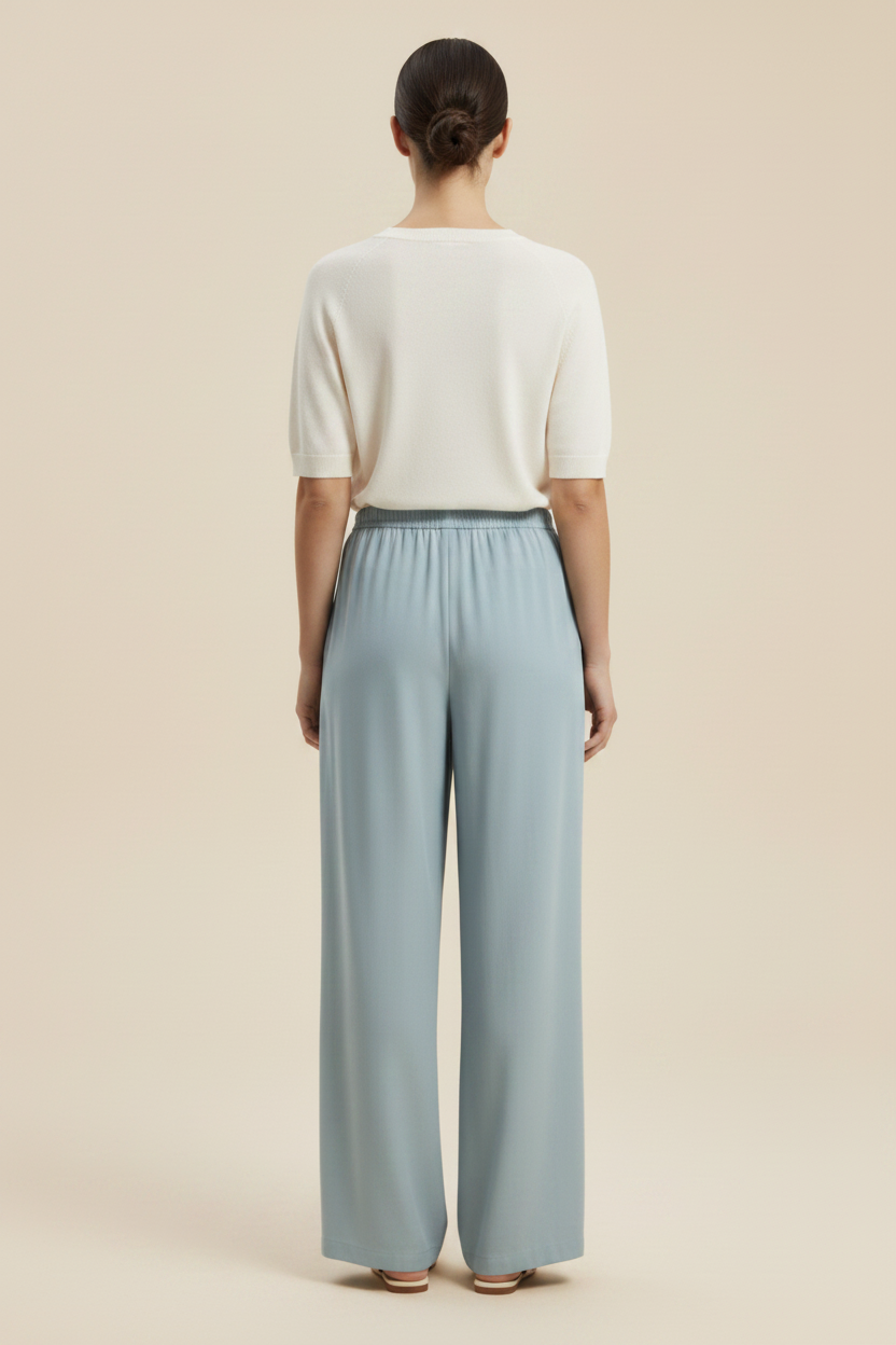 Back view – Dusty Blue Wide Leg Trousers No Lines