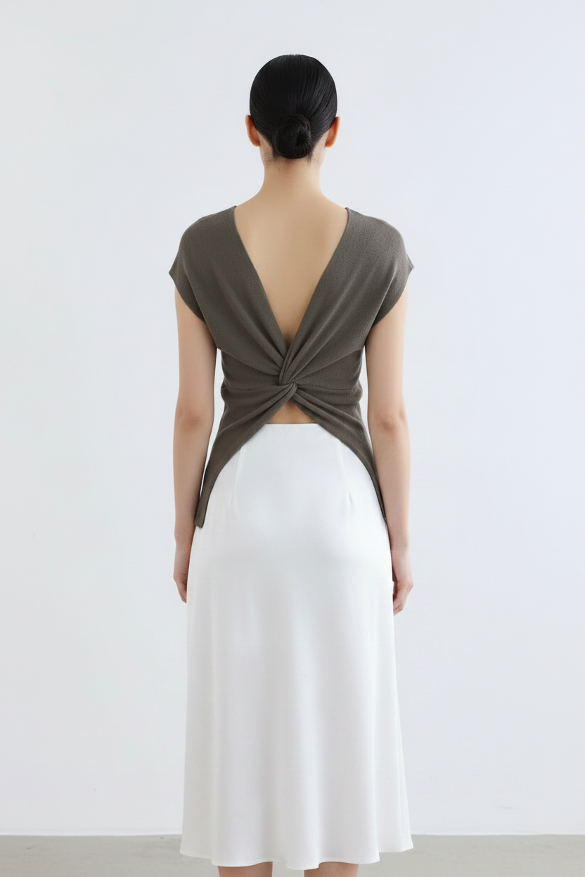 Back view – Khaki Twist Knot Top with White Satin Midi Skirt