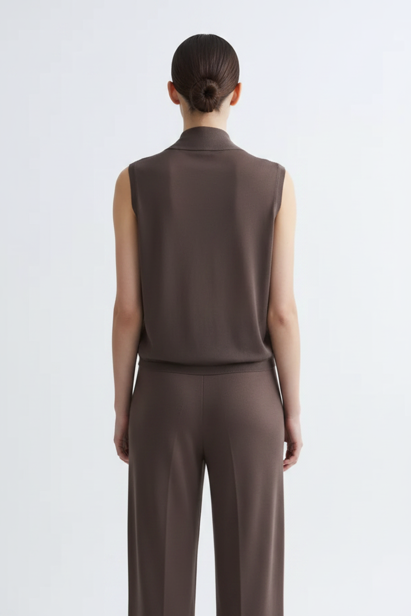 Back view – Mocha Draped Knit Vest