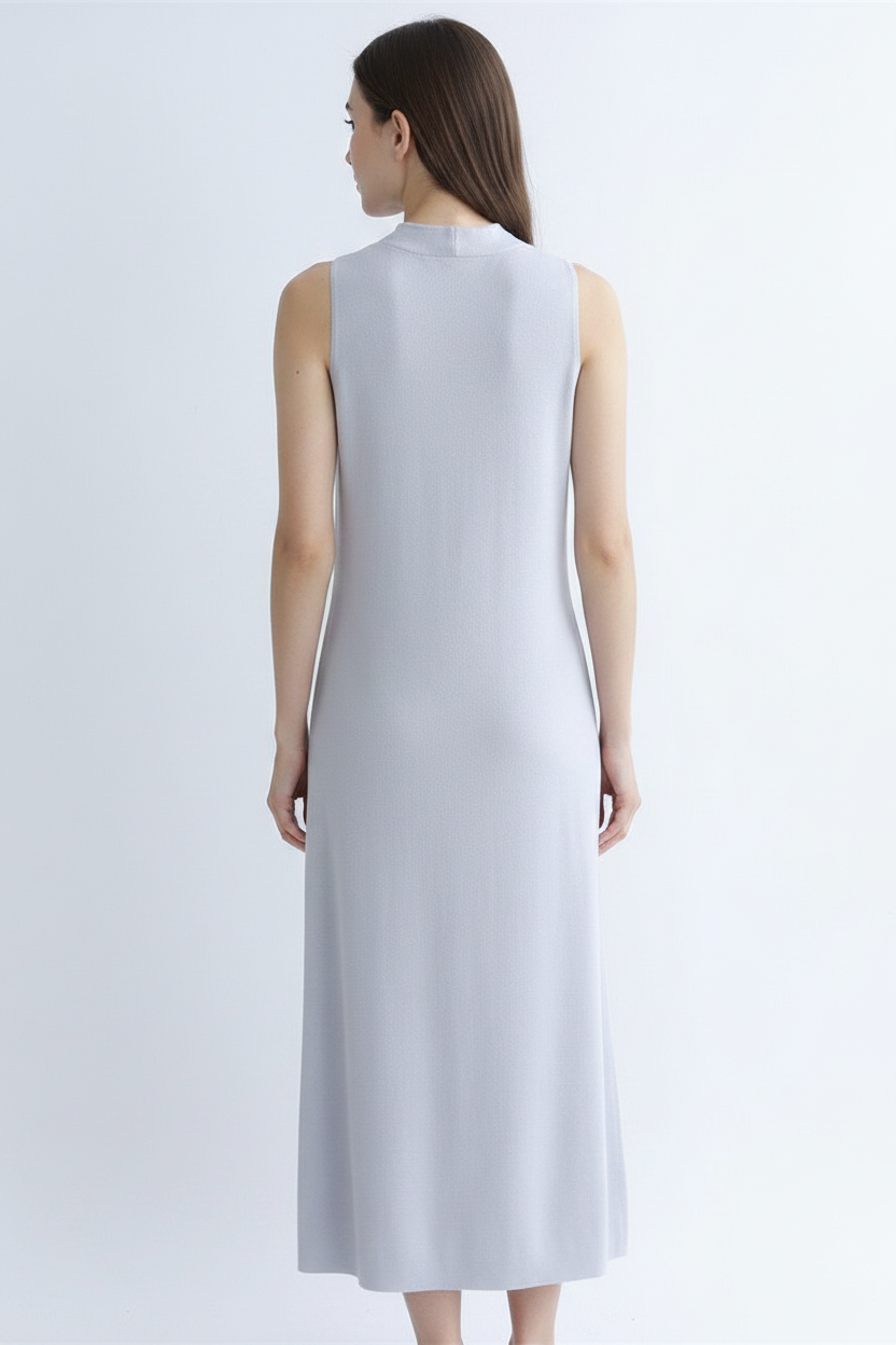 Back view model shot — grey-blue knit dress