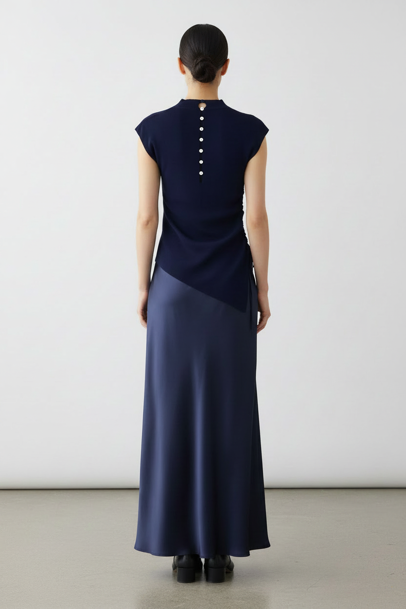 Back view – Navy Blue with White Button-Back Detail