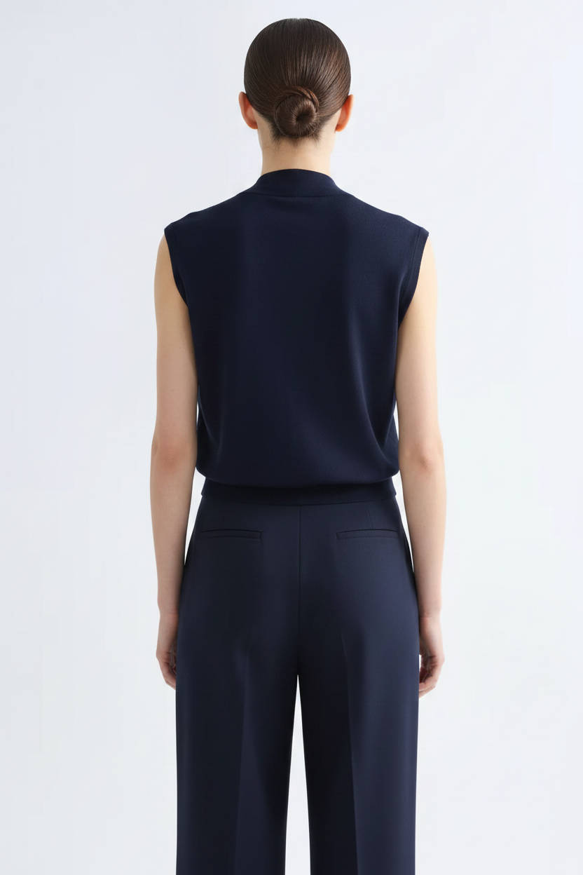 Back view – Navy Draped Knit Vest