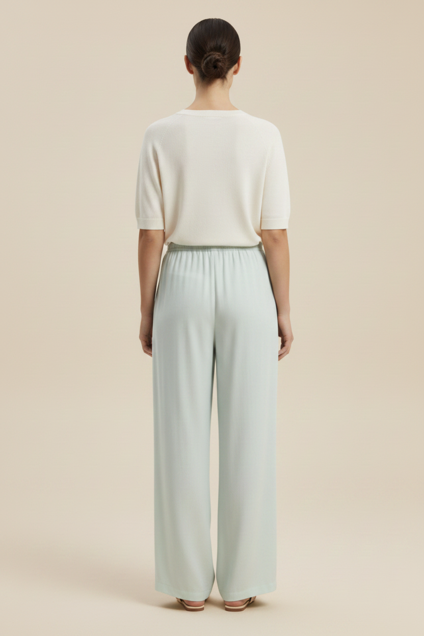 Back view – Pale Mint Almost White Wide Leg Trousers