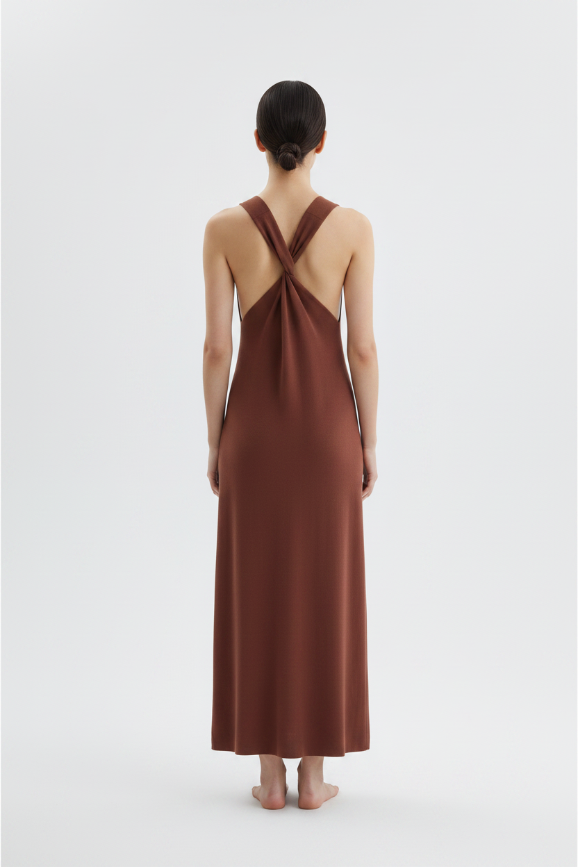 Back view rust dress with cross-back detail