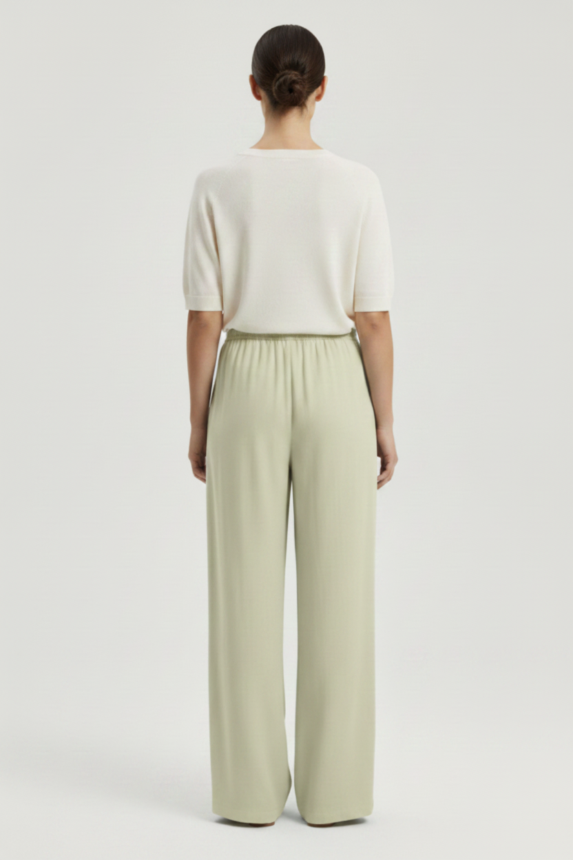 Back view – Sage Pale Yellow Green Wide Leg Trousers Correct