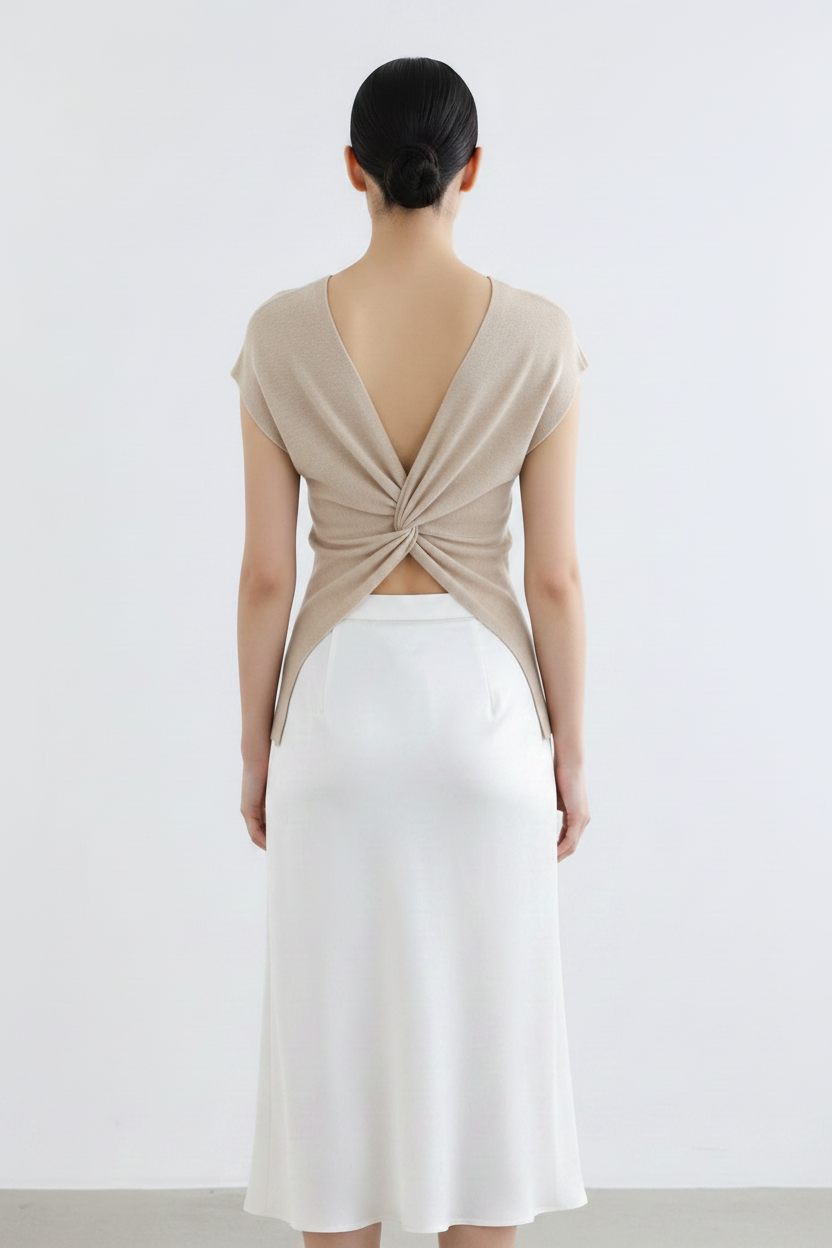 Back view – Sand/Beige Twist Knot Top with White Satin Midi Skirt