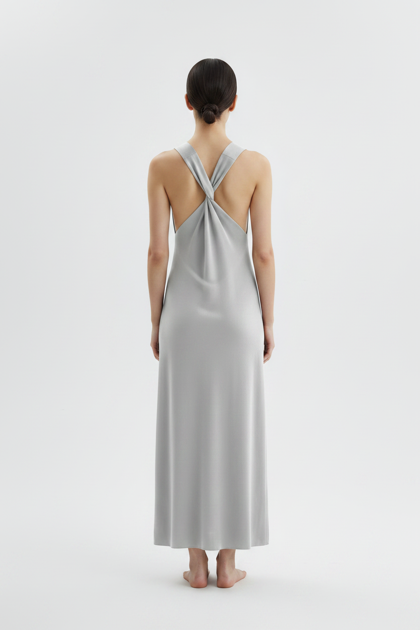 Back view – Silver-Grey Cross-Back Dress