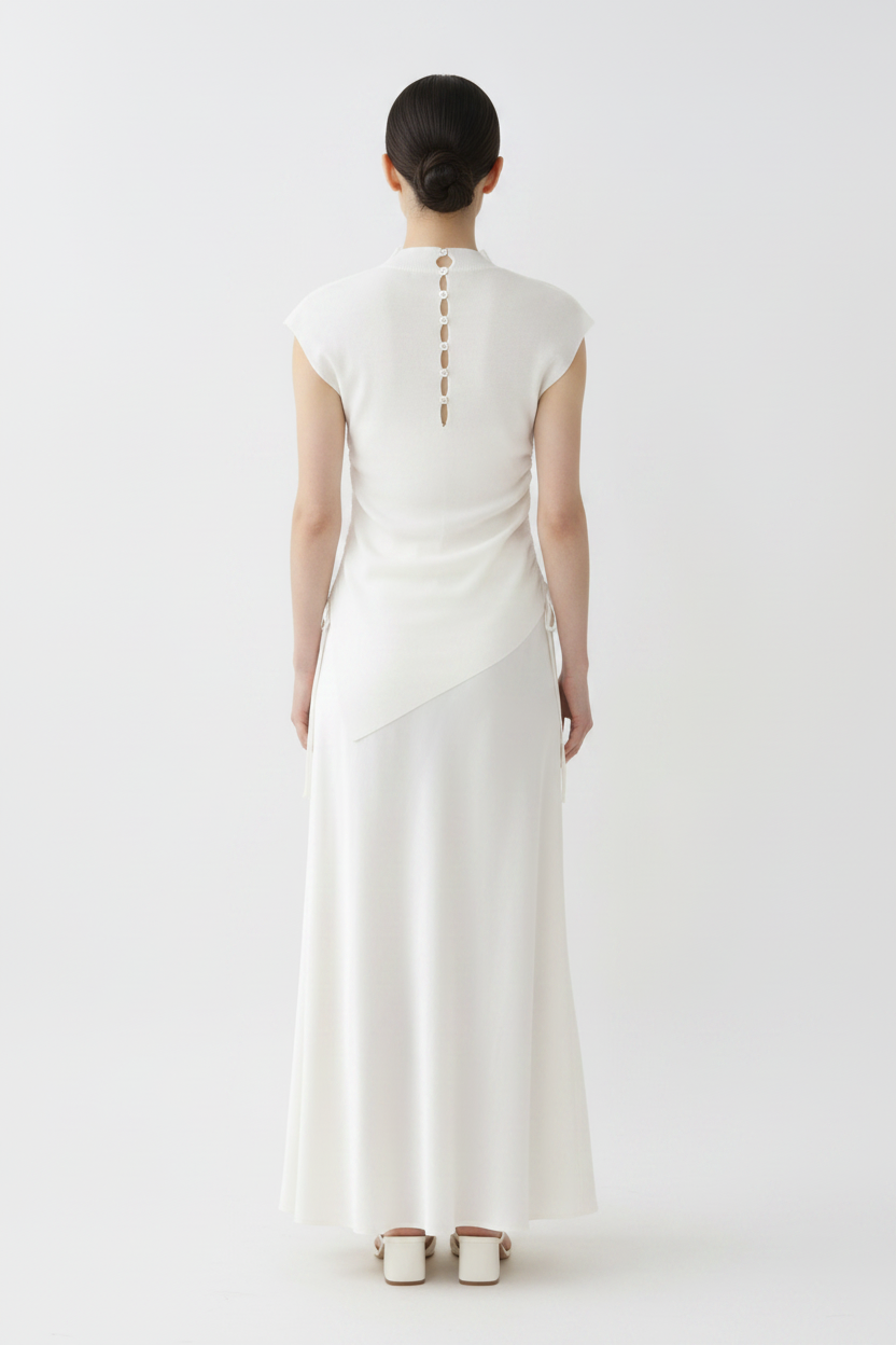 Back view – White Button-Back Knit Top with Satin Skirt