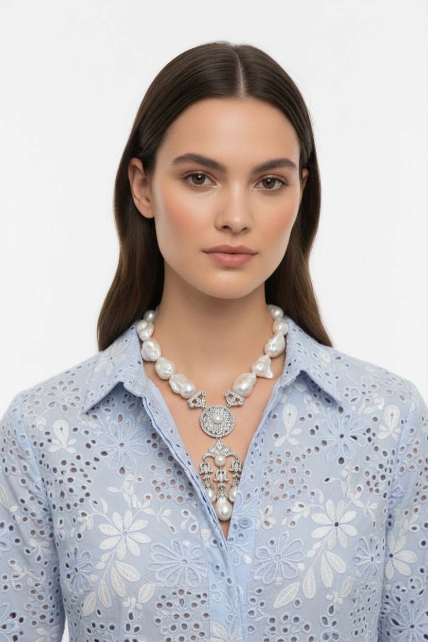 Baroque Pearl Chandelier Necklace - Blue Eyelet Shirt on Model