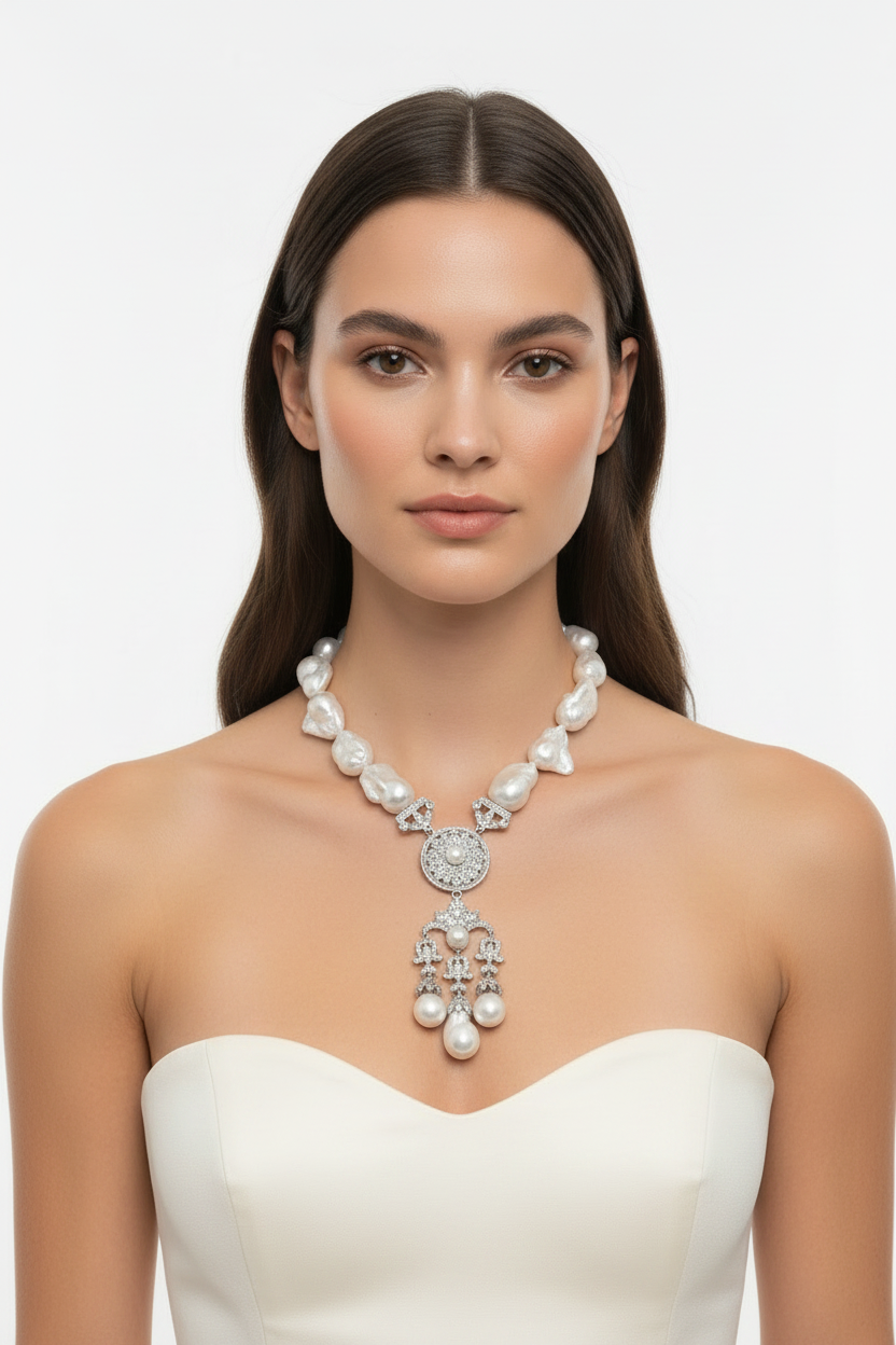Baroque Pearl Chandelier Necklace on Model in Strapless Dress
