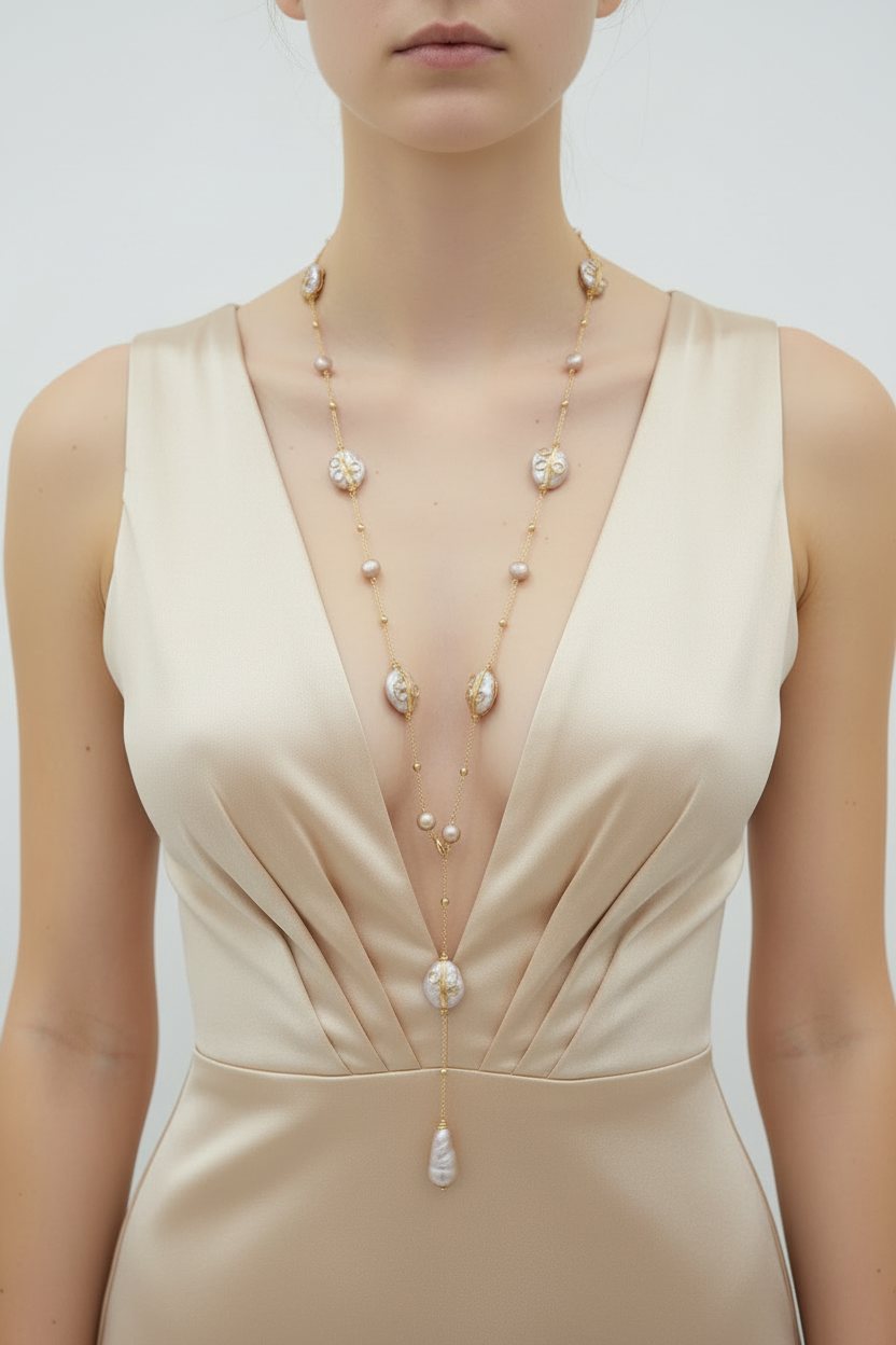 Baroque Pearl Lariat - Deep V Satin Dress