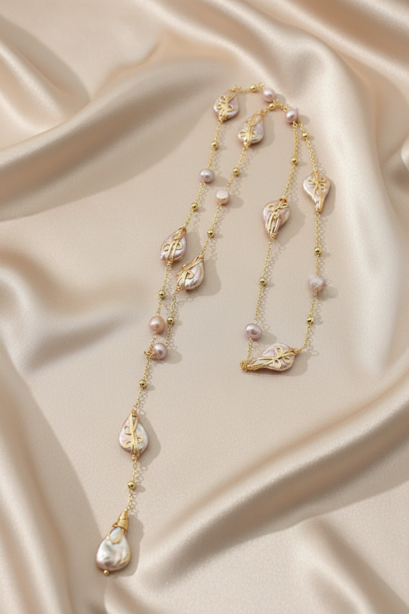 Baroque Pearl Lariat - Satin Flat Lay