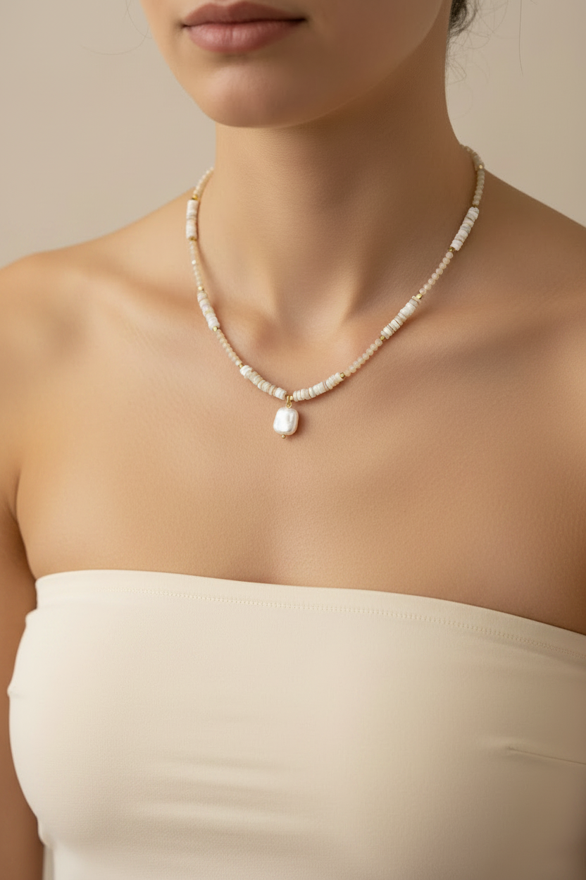 Baroque Pearl Necklace — Model with Strapless Top