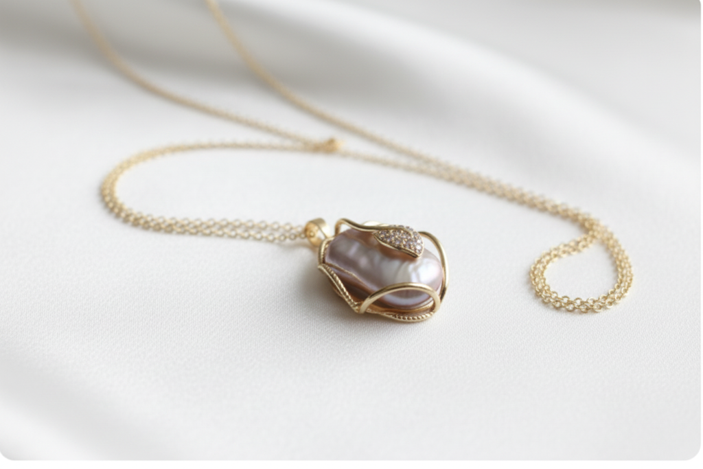 Baroque Pearl Pendant — White Silk Background