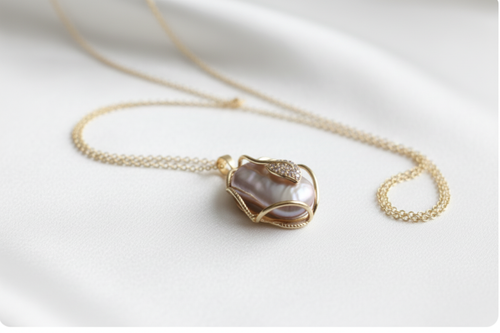 Baroque Pearl Pendant — White Silk Background